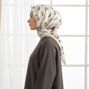 Cream Coffee Seed Twill Silk Scarf - Thumbnail