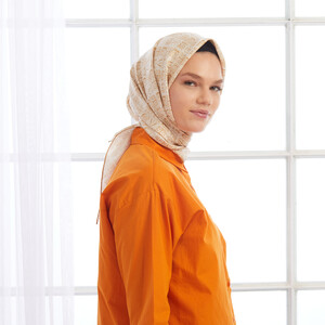 Cream Ethnic Monogram Twill Silk Scarf Model 01 - Thumbnail