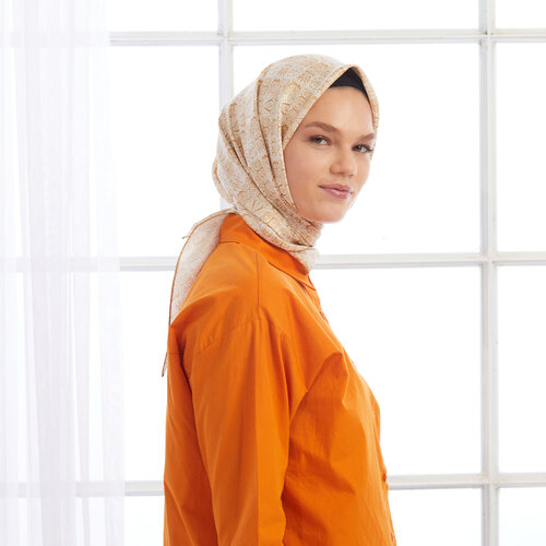 Cream Ethnic Monogram Twill Silk Scarf Model 01