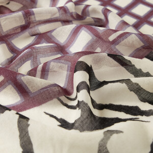 Cream Fig Purple Andesite Zebra Print Wool Silk Scarf - Thumbnail