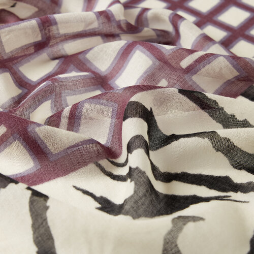 Cream Fig Purple Andesite Zebra Print Wool Silk Scarf