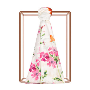 Cream Fuchsia Clover Garden Print Satin Silk Scarf - Thumbnail