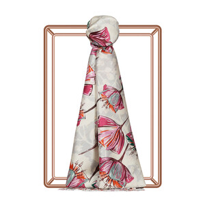  Cream Fuchsia Gardenia Patterned Silk Scarf - Thumbnail