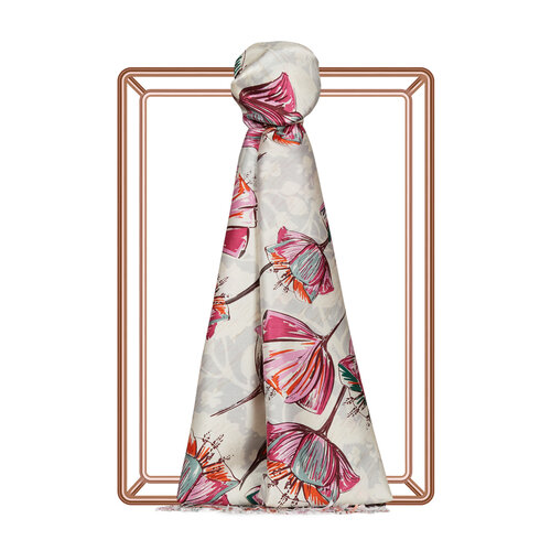  Cream Fuchsia Gardenia Patterned Silk Scarf