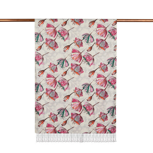  Cream Fuchsia Gardenia Patterned Silk Scarf