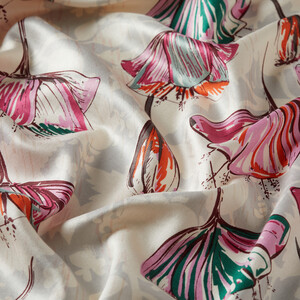  Cream Fuchsia Gardenia Patterned Silk Scarf - Thumbnail