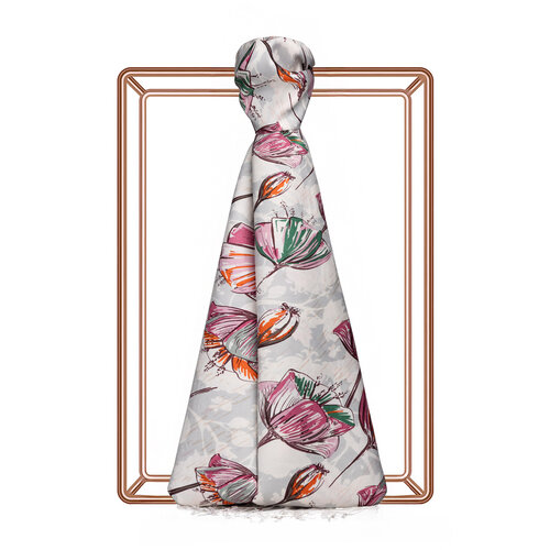  Cream Fuchsia Gardenia Patterned Silk Scarf