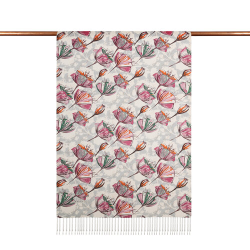  Cream Fuchsia Gardenia Patterned Silk Scarf