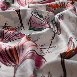  Cream Fuchsia Gardenia Patterned Silk Scarf - Thumbnail