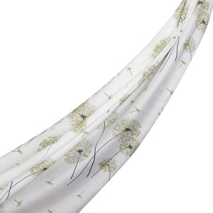 Cream Green Chicory Print Modal Silk Scarf - Thumbnail