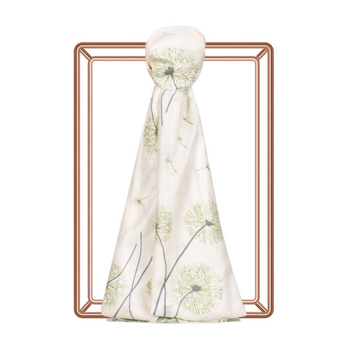 Cream Green Chicory Print Satin Silk Scarf