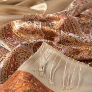 Cream Jacquard Hand Woven Prime Silk Scarf - Thumbnail