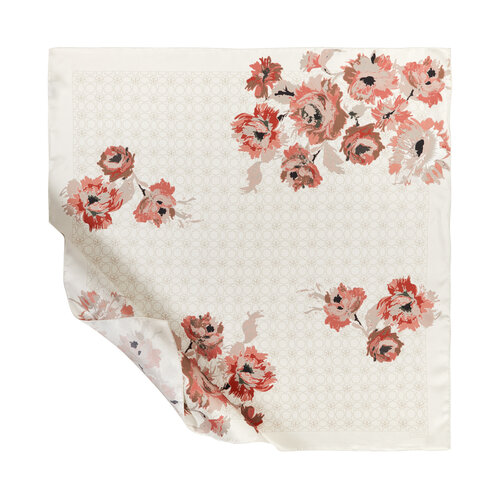 Cream Peony Monogram Print Silk Twill Scarf