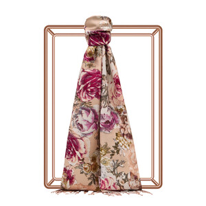 Cream Pink Fleur Print Silk Scarf - Thumbnail