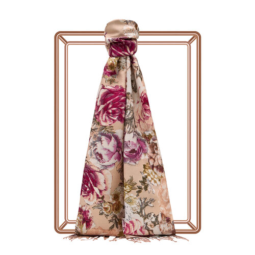 Cream Pink Fleur Print Silk Scarf