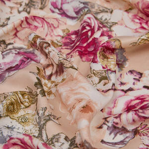Cream Pink Fleur Print Silk Scarf - Thumbnail
