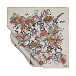 Cream Pomegranate Carnival Flowers Twill Silk Scarf Model 01 - Thumbnail