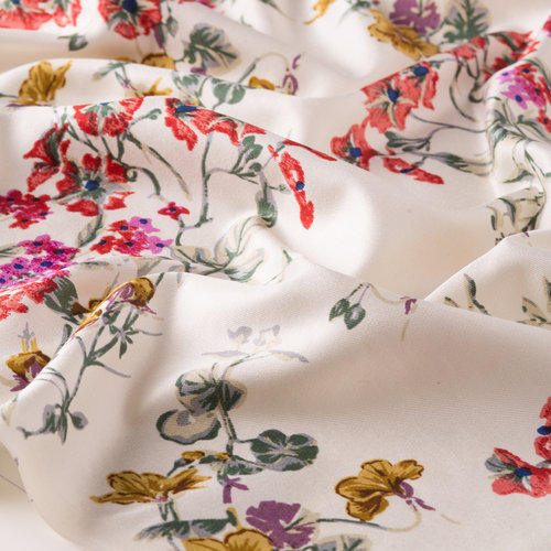 Cream Red Flower Crown Print Silk Scarf