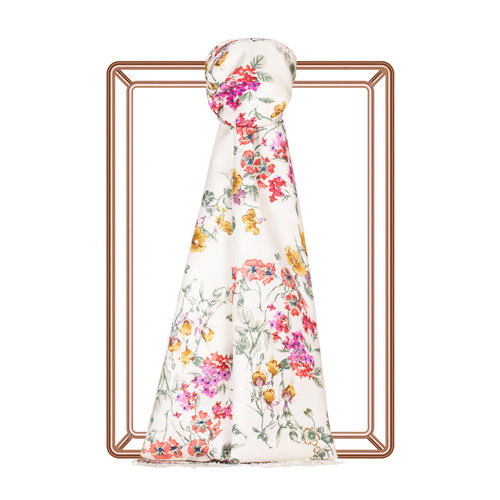 Cream Red Flower Crown Print Silk Scarf