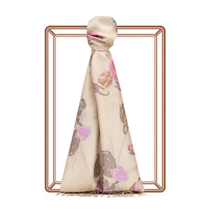 Cream Rose Print Silk Scarf - Thumbnail