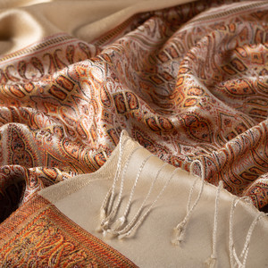 Cream Jacquard Hand Woven Prime Silk Scarf - Thumbnail