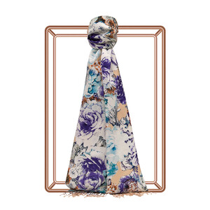 Cream Violet Fleur Print Silk Scarf - Thumbnail