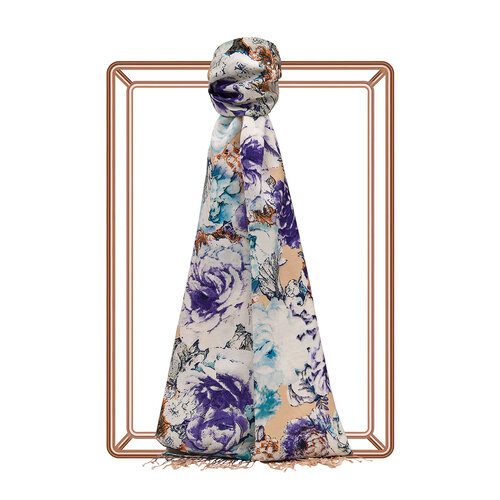 Cream Violet Fleur Print Silk Scarf
