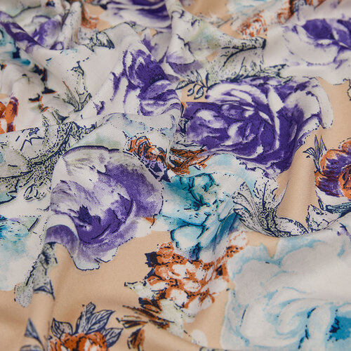 Cream Violet Fleur Print Silk Scarf