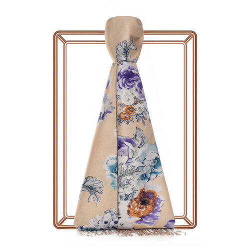 Cream Violet Fleur Print Silk Scarf