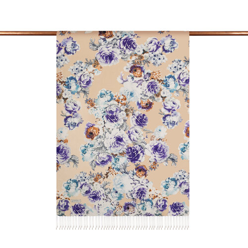 Cream Violet Fleur Print Silk Scarf