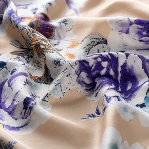 Cream Violet Fleur Print Silk Scarf - Thumbnail