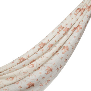 Cream Woven Floral Spiral Wool Silk Scarf - Thumbnail