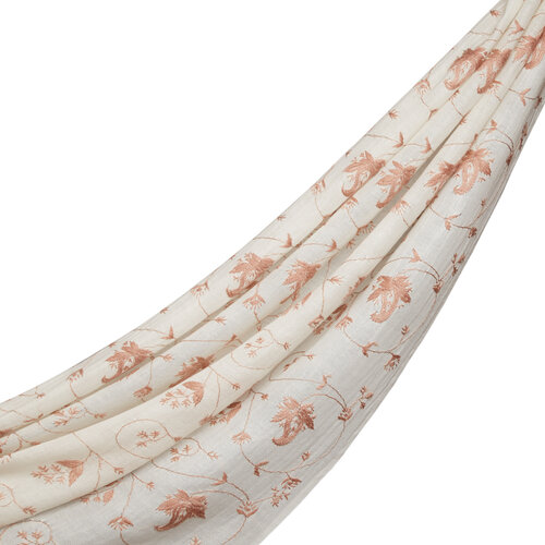 Cream Woven Floral Spiral Wool Silk Scarf