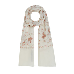 Cream Woven Floral Spiral Wool Silk Scarf - Thumbnail