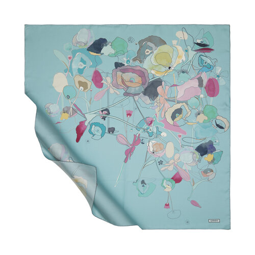 Cyan Carnival Flowers Twill Silk Scarf Model 02