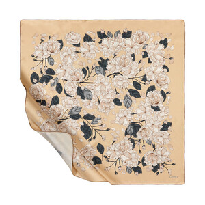 Dark Beige Sakura Print Silk Twill Scarf - Thumbnail