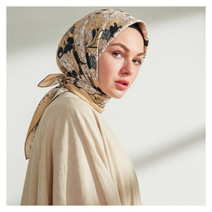 Dark Beige Sakura Print Silk Twill Scarf - Thumbnail