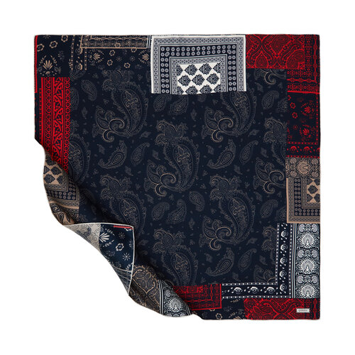 Dark Blue Patchwork Patterned Twill Silk Scarf