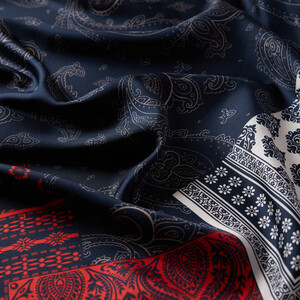 ipekevi - Dark Blue Patchwork Patterned Twill Silk Scarf (1)