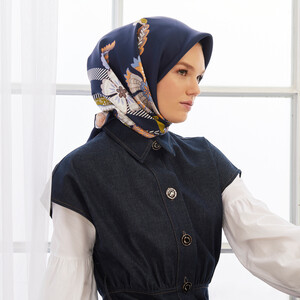 Dark Navy Maharajah Frame Twill Silk Scarf - Thumbnail