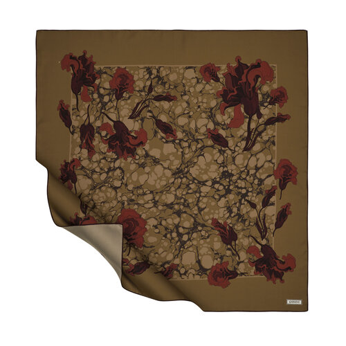 Dark Oil Green Lisianthus Panel Twill Silk Scarf