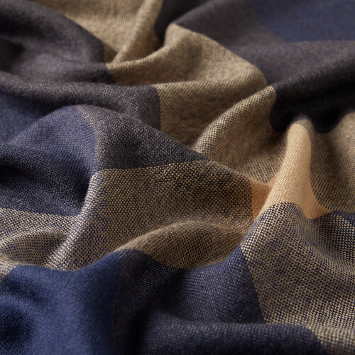 Denim Blue Block Pattern Wool Scarf Shawl
