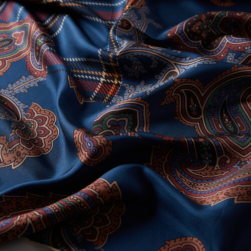 Denim Blue Burgundy Patchwork Patterned Twill Silk Scarf