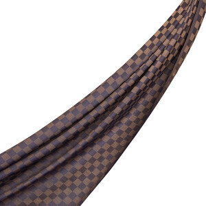 Denim Blue Checkered Cotton Silk Scarf - Thumbnail
