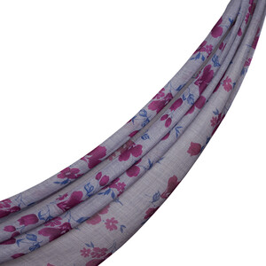 Denim Blue Clematis Print Wool Silk Scarf - Thumbnail