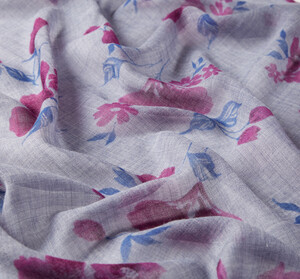 Denim Blue Clematis Print Wool Silk Scarf - Thumbnail