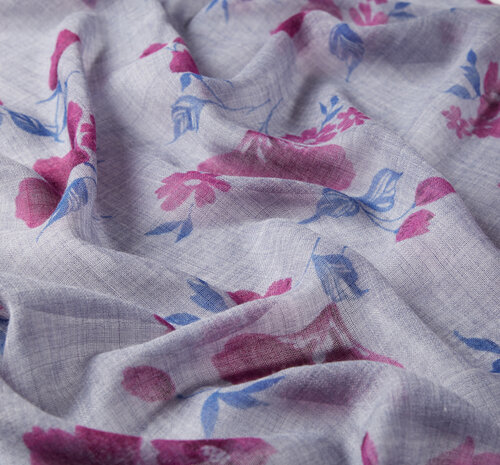 Denim Blue Clematis Print Wool Silk Scarf