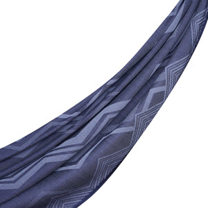 Denim Blue Ethnic Zigzag Wool Silk Scarf - Thumbnail