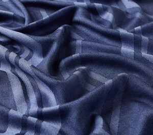 Denim Blue Ethnic Zigzag Wool Silk Scarf - Thumbnail