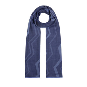 Denim Blue Ethnic Zigzag Wool Silk Scarf - Thumbnail